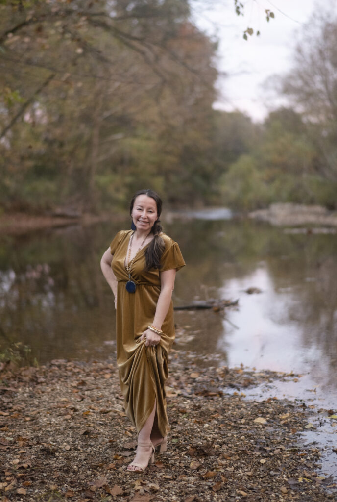 Arkansas blogger, Amy, from Arkansas Girls wearing gold dress at the Saline River