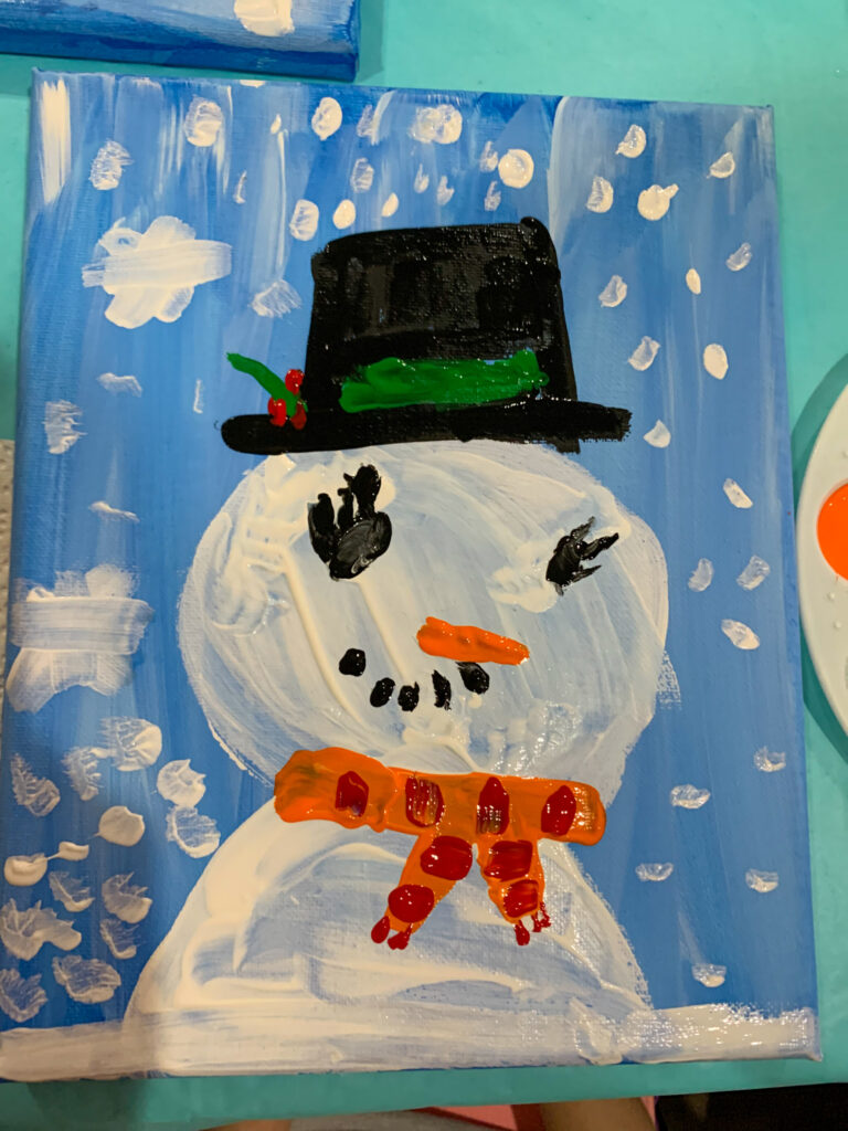 snowman on blue canvas