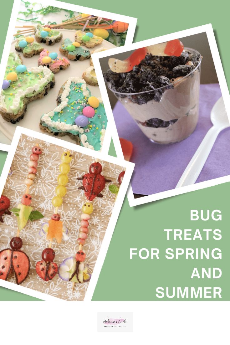 easy bug themed snacks collage on green background with text