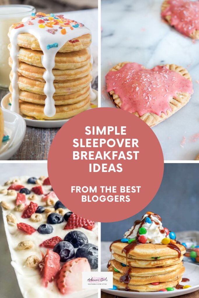 sleepover breakfast ideas in a four picture collage with a pink text box