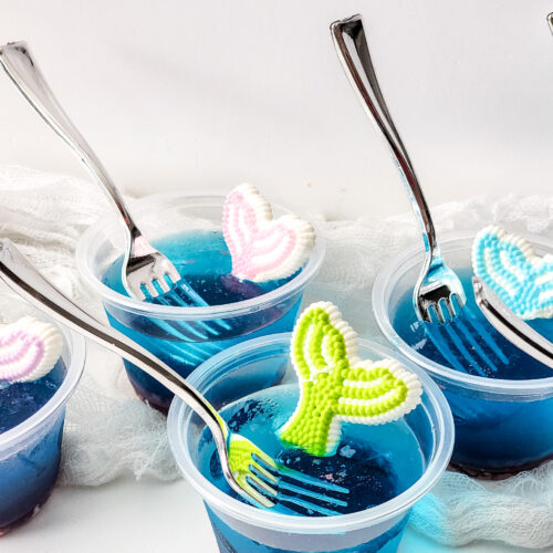 blue ocean Jello cups with mermaid tail and little fork