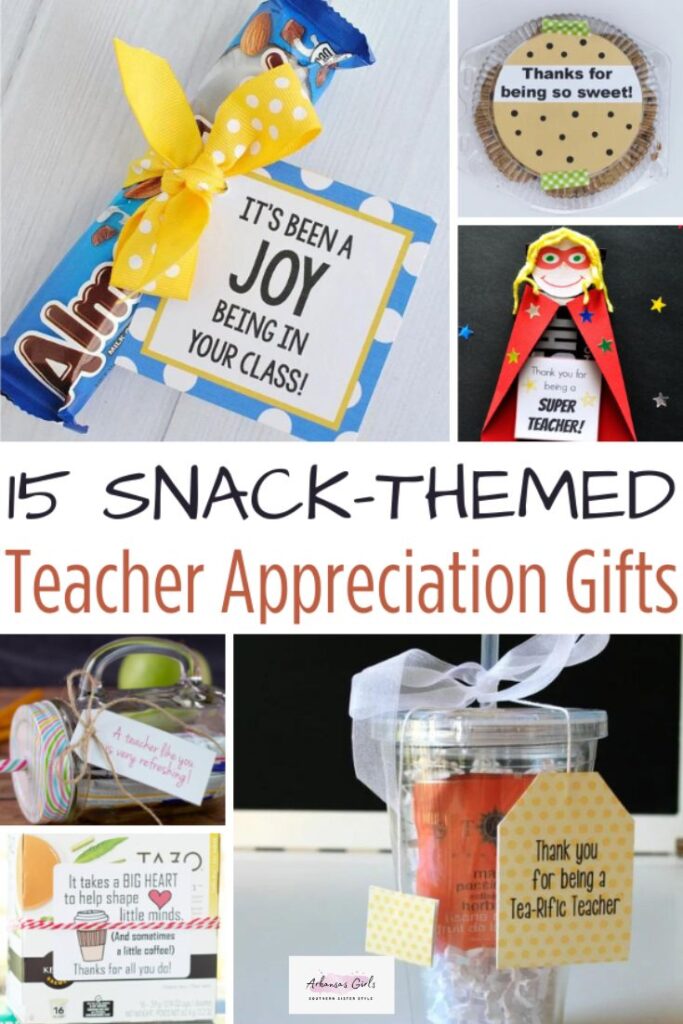collage of teacher appreciation snacks gift ideas with text box in middle
