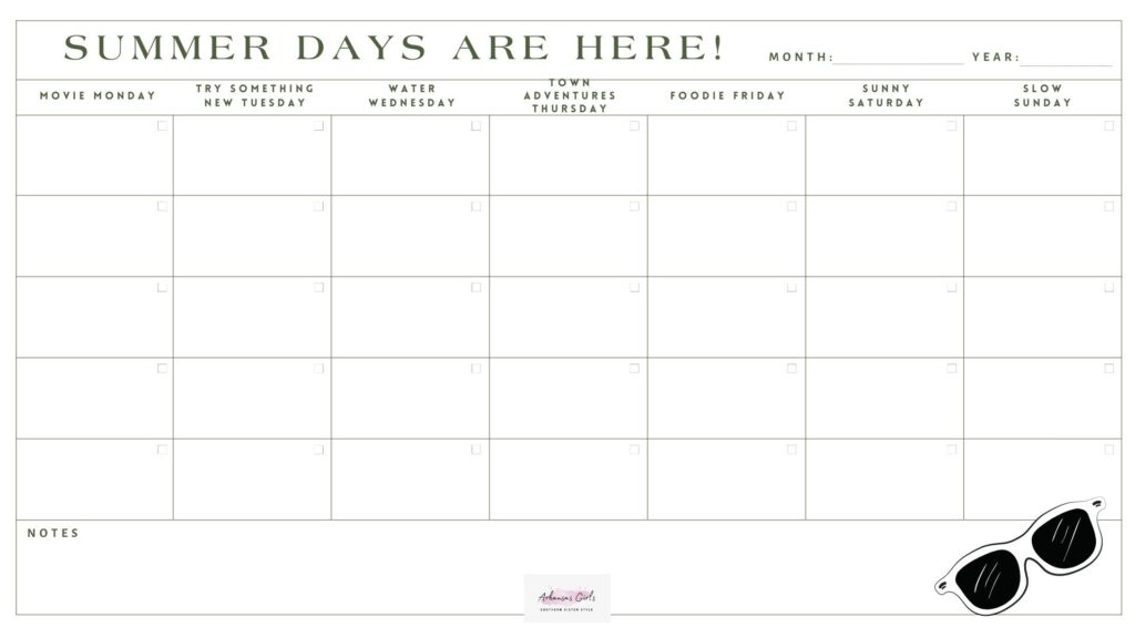 summer theme days printable image with sunglasses on bottom