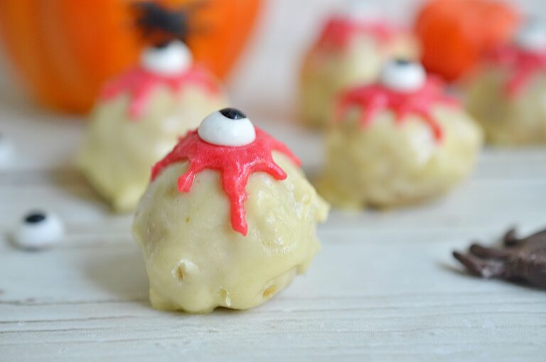 creepy Halloween peanut butter eyeballs on counter