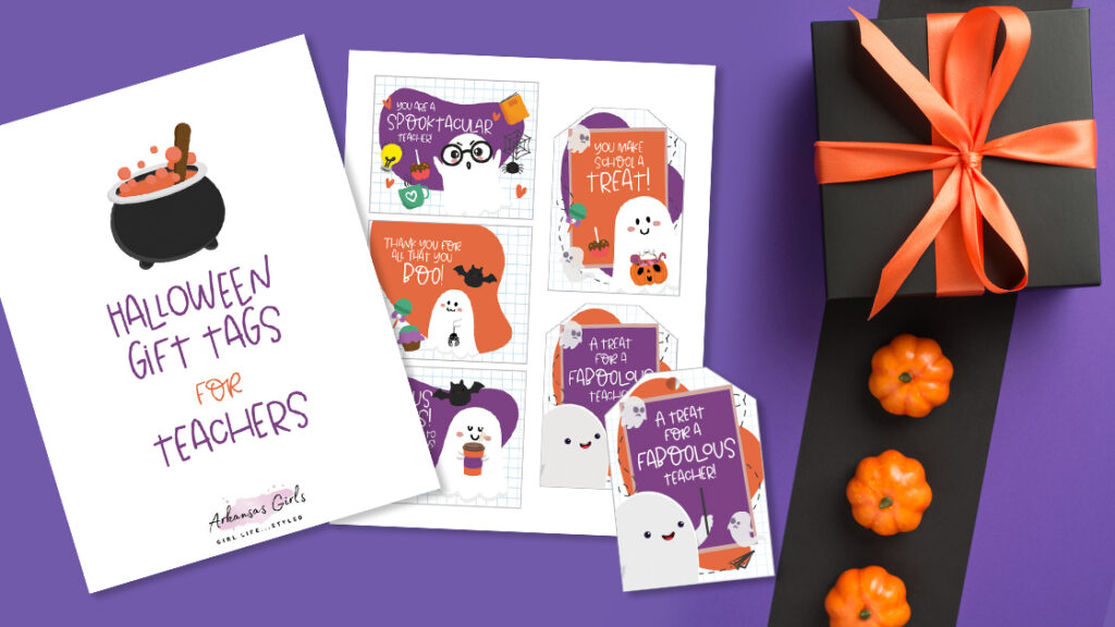 overhead view of Halloween gift tags for teachers