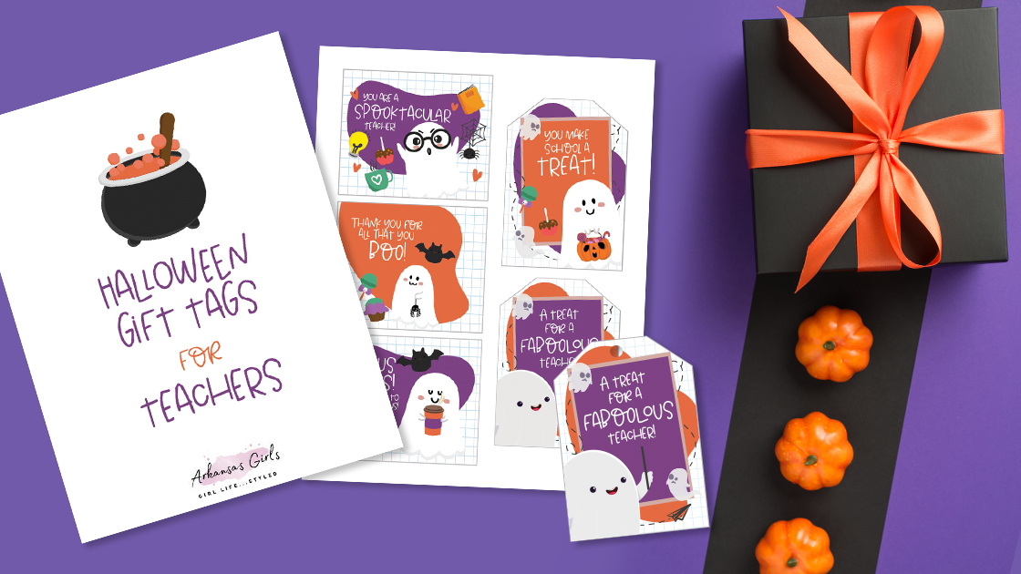 colorful Halloween gift tags for teachers on a purple background
