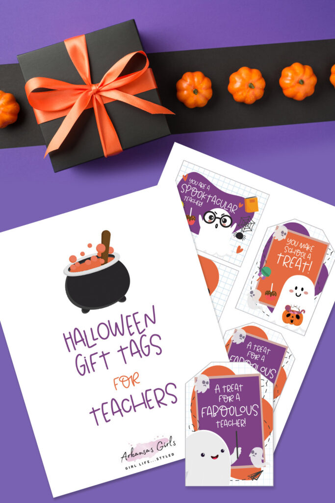 graphic of teacher Halloween gift tags on purple background