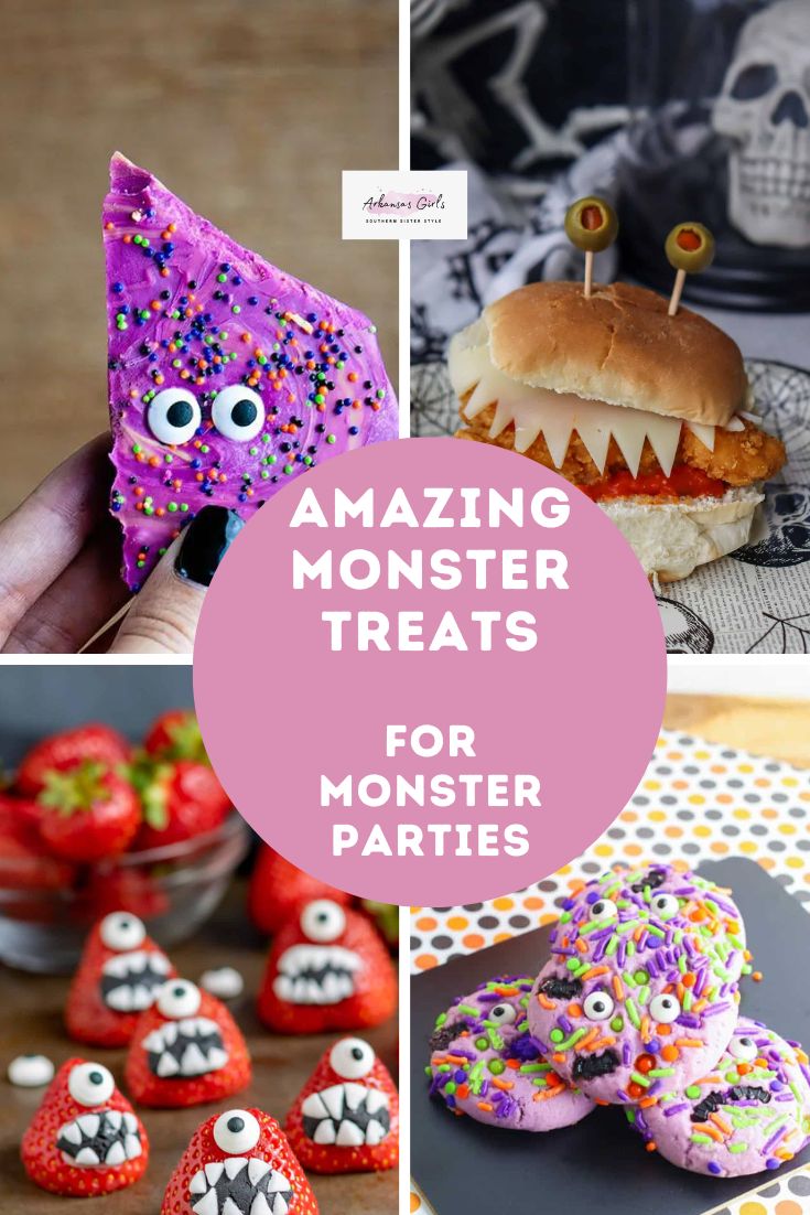 monster snack recipes in a collage image with a pink text center