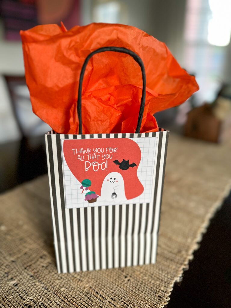 Halloween bag with free printable Halloween teacher gift tag attached on front