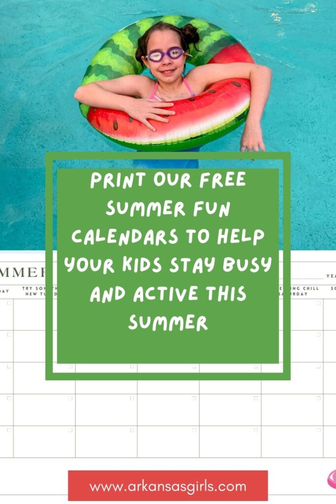 little girl in swimming pool with text overlay for free printable summer theme day calendars