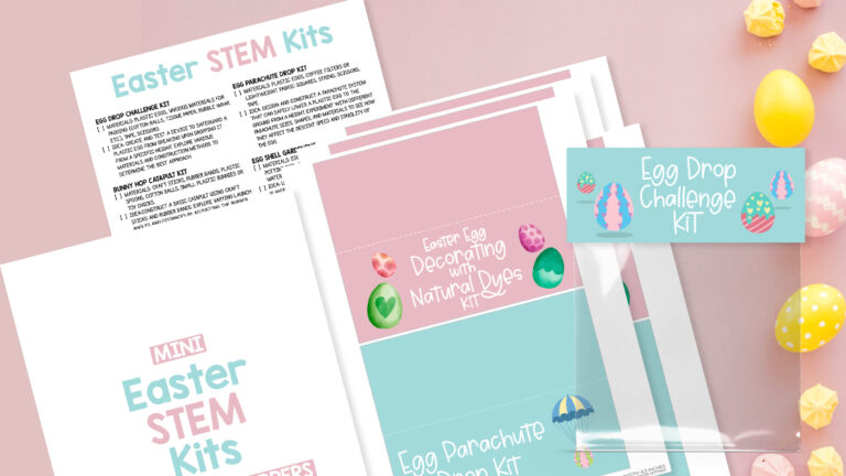 mini Easter STEM kits on pink backdrop