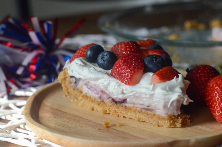 slice of no bake patriotic pie for July 4th on plate