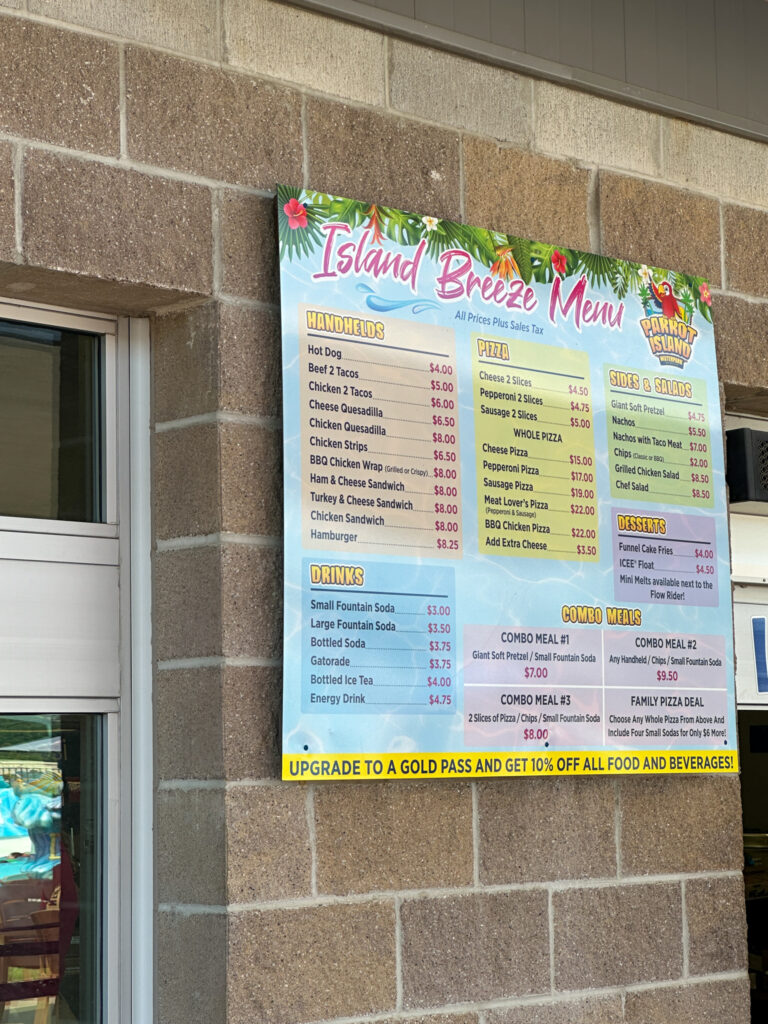Island Breeze menu at Parrot Island Waterpark in Fort Smith, Arkansas