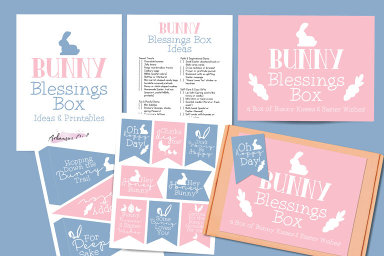 overhead view of bunny blessings box gift tags for Easter gift box ideas laid out on blue background