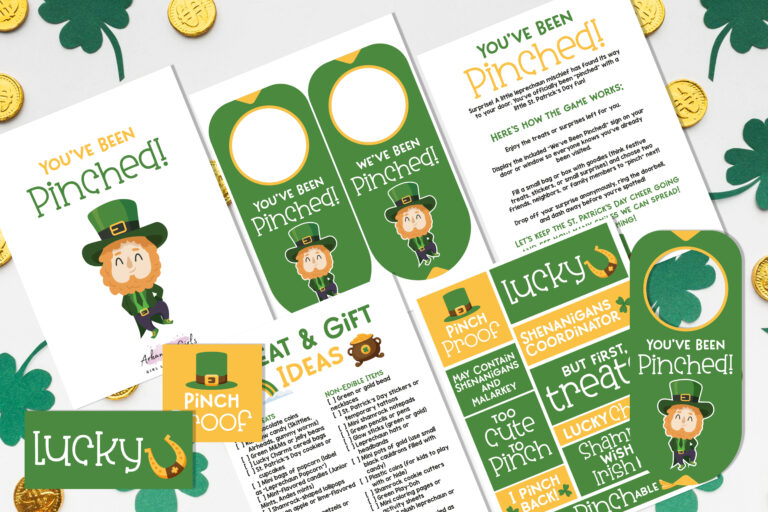 St. Patrick's Day gift basket printables scattered