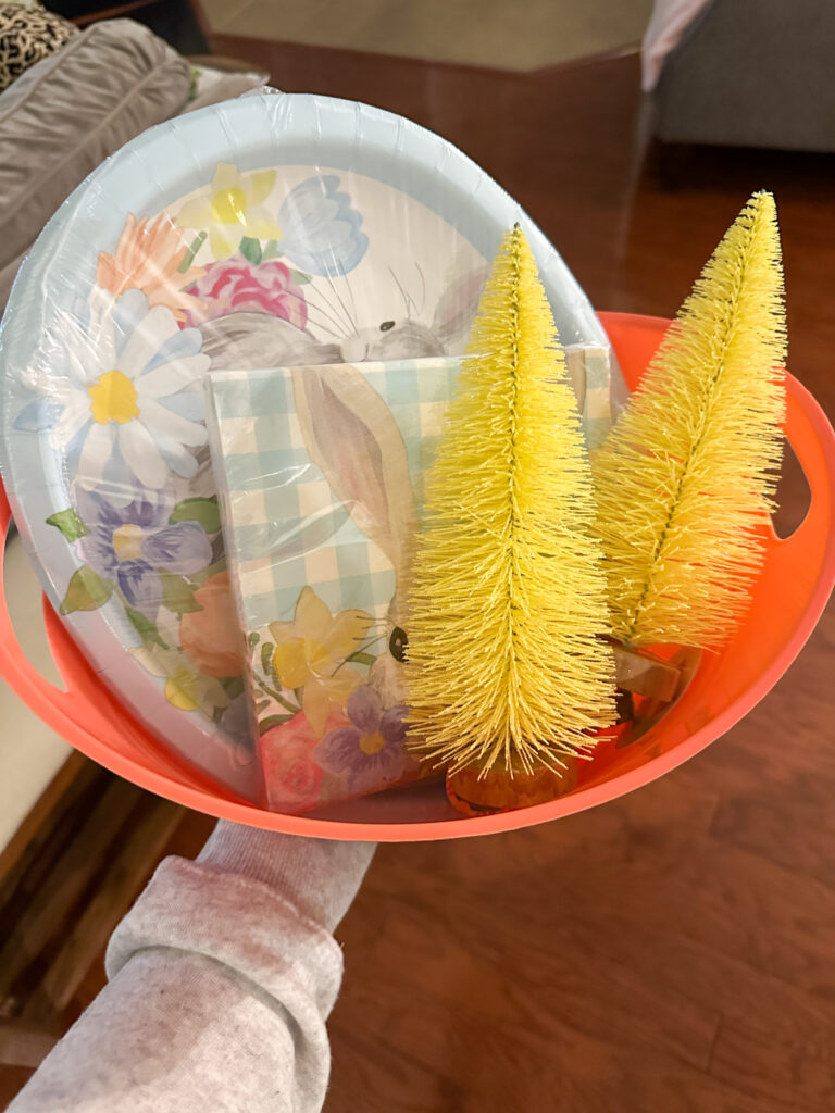 Easter gift box with Easter bottle brush trees and bunny paper goods