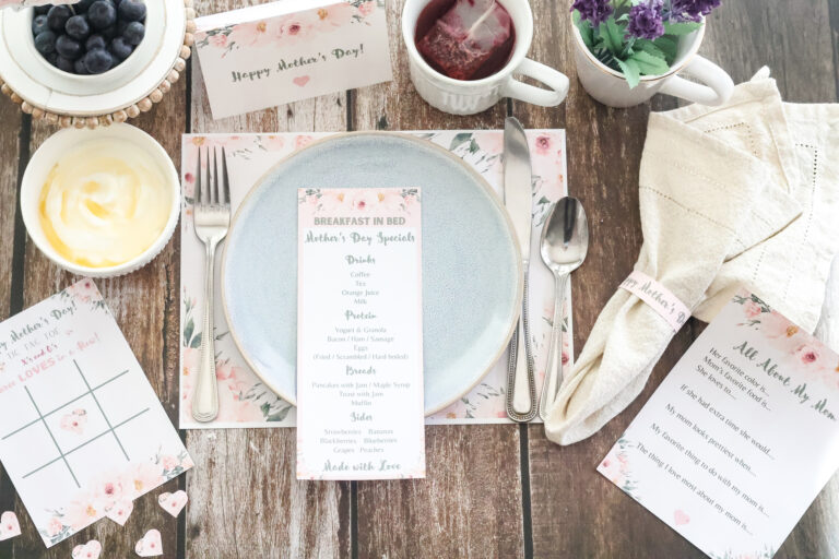 Mother's Day breakfast in bed printables in overhead view