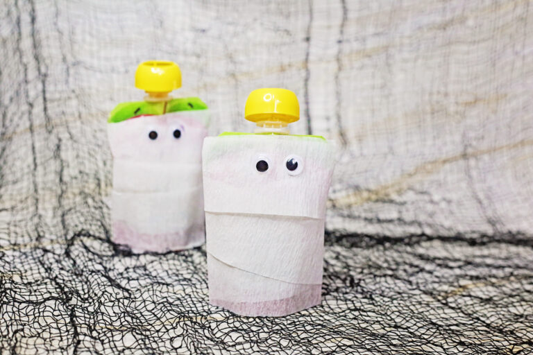 mummy applesauce pouches on Halloween table