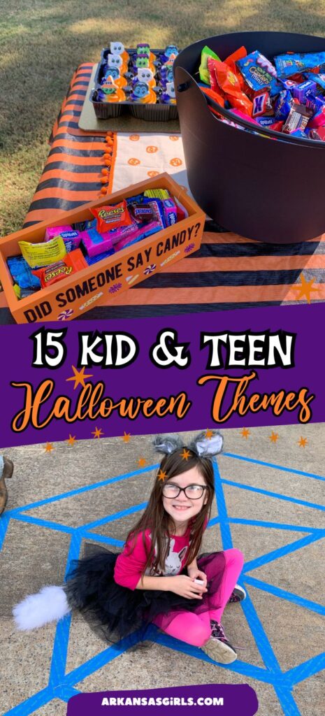 collage of kid and teen Halloween party ideas with a text overlay