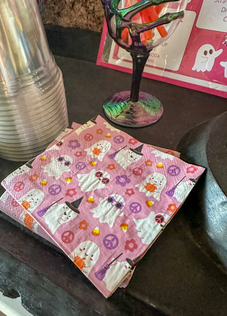 disco ghost Halloween napkins on tray